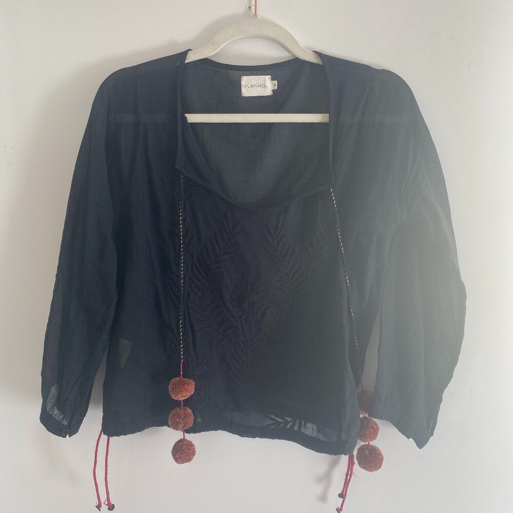 Black Embroidered Peasant Blouse W/ Poms Poms Sz Xs/S By Flannel Australia